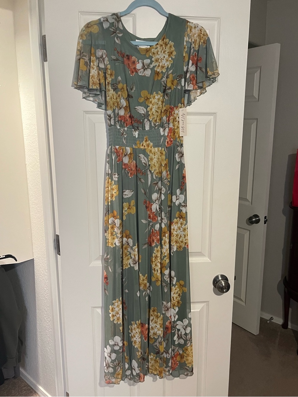 Floral Sage Green Maxi Dress with Yellow & Rust Blooms